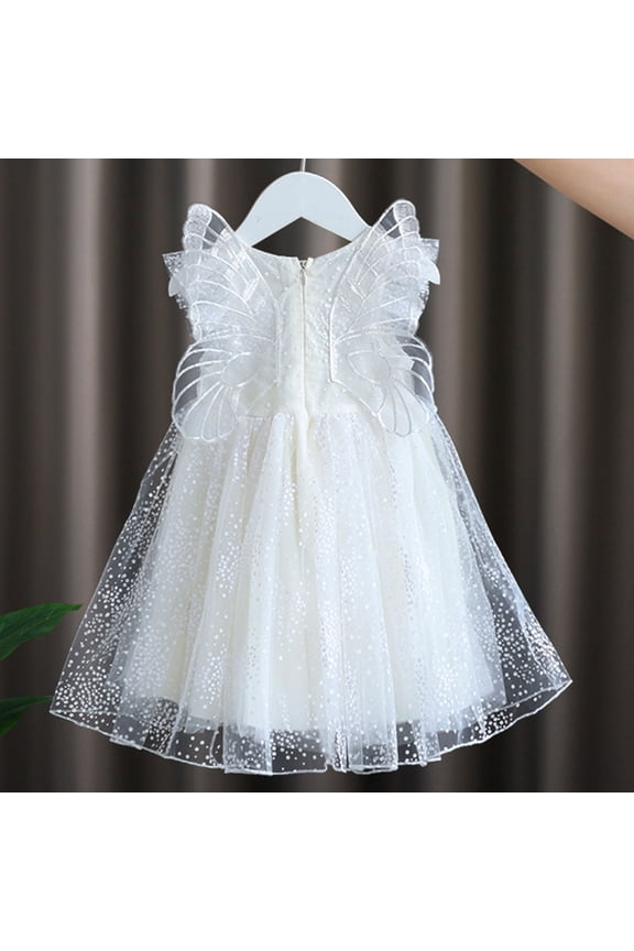Baby Girl Dress Fairy Wing Decor Elsa Style Puffy Mesh Princess Dress Dreamy Decor Element Soft Tulle Material For Baby Fantasy Styling Girl Flowy Dress White
