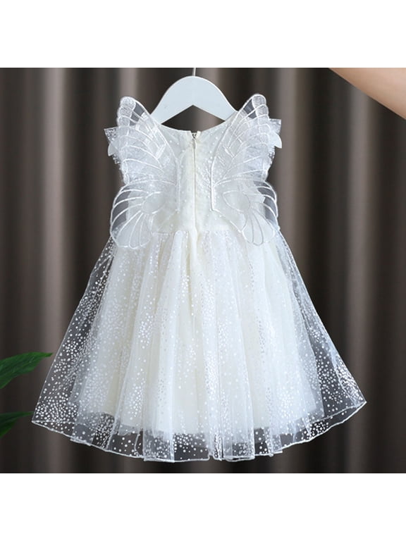 Baby Girl Dress Fairy Wing Decor Elsa Style Puffy Mesh Princess Dress Dreamy Decor Element Soft Tulle Material For Baby Fantasy Styling Girl Flowy Dress White