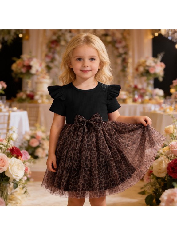 Baby Girl Flower Girl Dress Short Sleeve Bow Leopard Print Mesh Tutu Dress Layered Puffy Design Elegant Princess Outfit For Birthday Festival Party Baby Girl Sun Dress Black