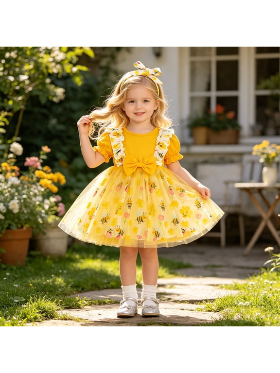 Baby Girl Princess Dress Short Puff Sleeve Ruffled Bow Bee Printed Mesh Dress Matching Headband Set Layered Tutu Gown For Festival Party Celebration Baby Girl Sundress Yellow