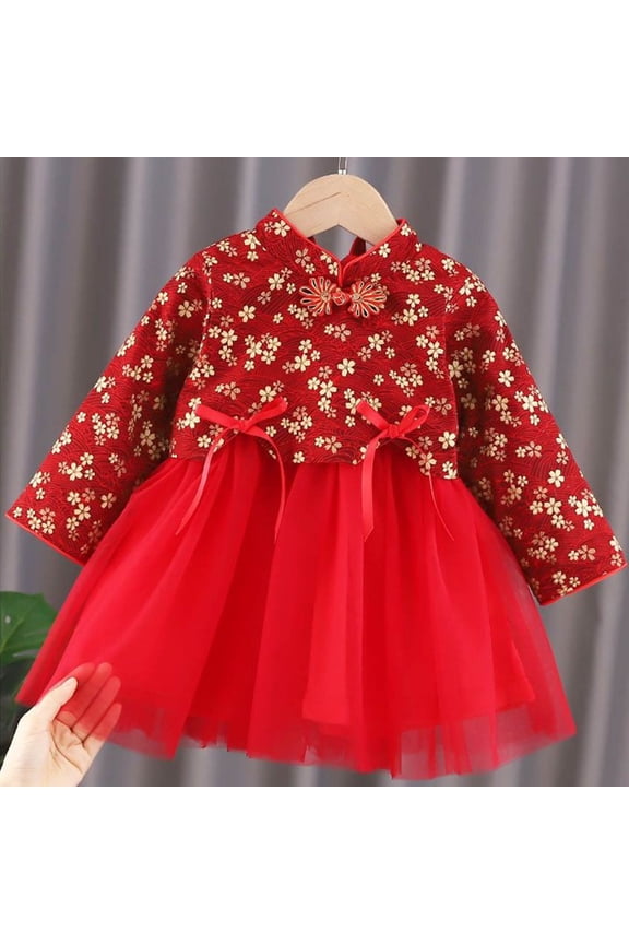 Baby Girl Princess Dress Spring Autumn Red Embroidery Hanfu Style Princess Dress Layered Tutu Design Elegant For Festival Celebration Party Baby Girl Sundress Red
