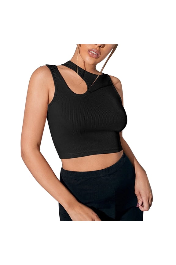 Basic Tank Tops For Women Trendy Hollow Out Round Neck Solid Color Spaghetti Strap Slim Open Back Shaping Tops Womens Shirts Black L