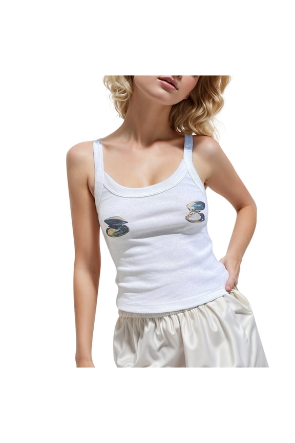 Basic Tank Tops For Women Trendy Cotton Ribbed Simple Printed Spaghetti Strap Mini Vest Casual Inner Outer Daily Summer Tops Womens Shirts Blue L