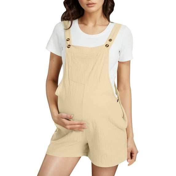 MNCEKFOD Bermuda Shorts for Women Maternity Jumpsuits Pregnancy Short Overalls with Adjustable Shoulder Strap Relaxed Fit Short Pants Beige L