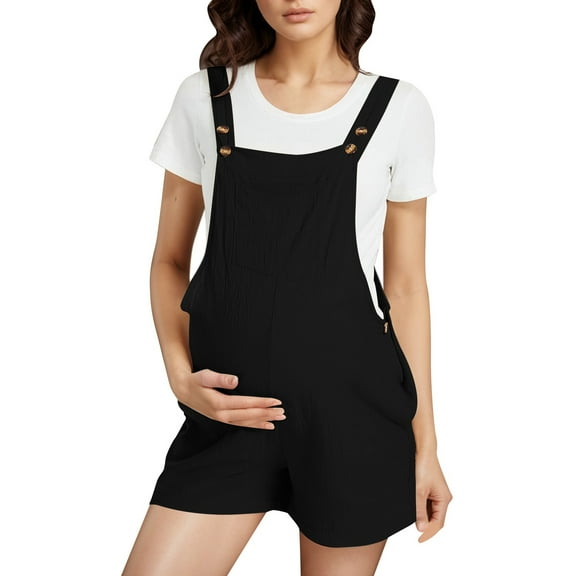 MNCEKFOD Bermuda Shorts for Women Maternity Jumpsuits Pregnancy Short Overalls with Adjustable Shoulder Strap Relaxed Fit Short Pants Black S