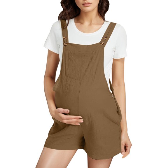 MNCEKFOD Bermuda Shorts for Women Maternity Jumpsuits Pregnancy Short Overalls with Adjustable Shoulder Strap Relaxed Fit Short Pants Coffee L
