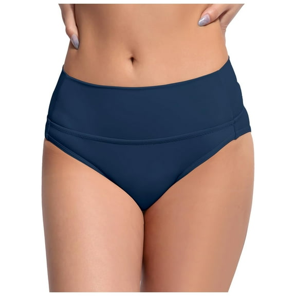 MNCEKFOD Bikini Bottoms for Women Tummy Control Stretch Retro Basic Swim Briefs Full Coverage Mid Waist Tight Swimsuit Bathing Suit Bottoms Navy XXL