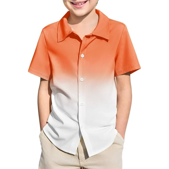 MNCEKFOD Boys Button Down Shirts Gradient Short Sleeve Collared Shirt Loose Fit Loungewear Casual Children Tops Orange 9-10 Years