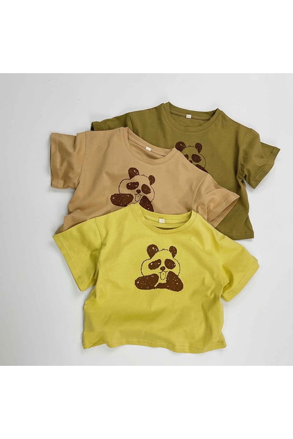 Boys Graphic Tees Panda Cartoon Printed Short Sleeve Tops Cute Animal Pattern Casual Tees Soft Basic Blouse For Kids Lovely Daily Children Wear Boys Summer Tops Army Green