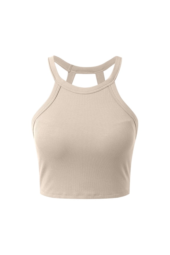 Built In Bra Tank Tops For Women One Piece Bra Design Inner Halter Camisole Minimalist Slim Comfy Daily Layering Wear Womens Tanks Beige L