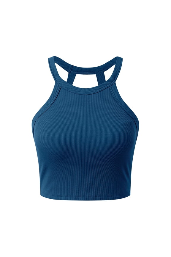 Built In Bra Tank Tops For Women One Piece Bra Design Inner Halter Camisole Minimalist Slim Comfy Daily Layering Wear Womens Tanks Blue S