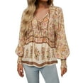 thumbnail image 1 of MNCEKFOD Button Down Shirts for Women Bohemian Trendy Printed V Neck Long Sleeve Shirt with Tie Summer Casual Basic Shirts Beige M, 1 of 7