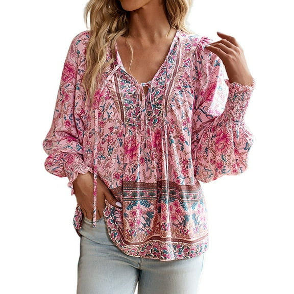MNCEKFOD Button Down Shirts for Women Bohemian Trendy Printed V Neck Long Sleeve Shirt with Tie Summer Casual Basic Shirts Pink L