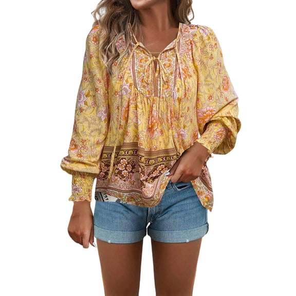 MNCEKFOD Button Down Shirts for Women Bohemian Trendy Printed V Neck Long Sleeve Shirt with Tie Summer Casual Basic Shirts Yellow XXL