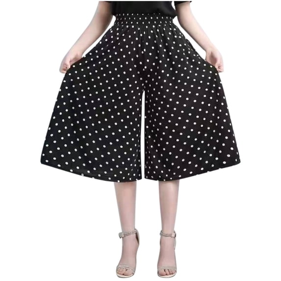 MNCEKFOD Capris Pants for Women Plus Summer Casual Stylish Printed Elastic Waist Thin Culottes Wide Leg High Waisted Skirt Modern Fit Trousers Black Black