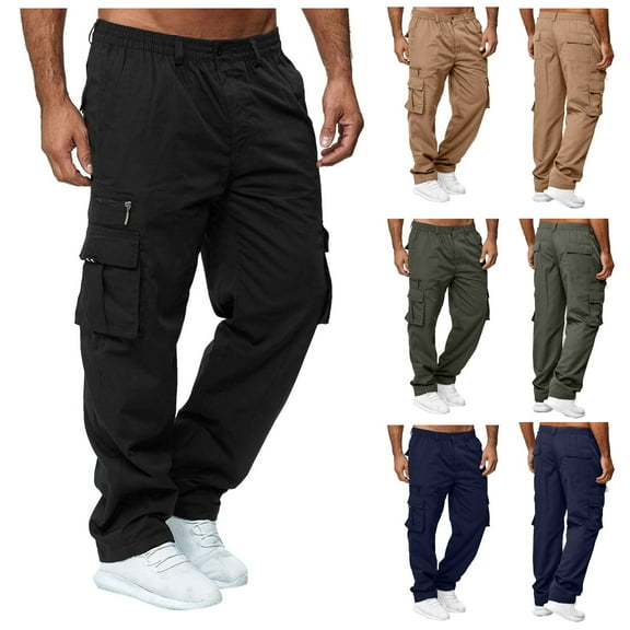 MNCEKFOD Cargo Pants for Men Baggy Loose Mid Waist Sports Elastic Waistband Overalls with Pockets Relaxed Fit Comfortable Trousers Khaki M