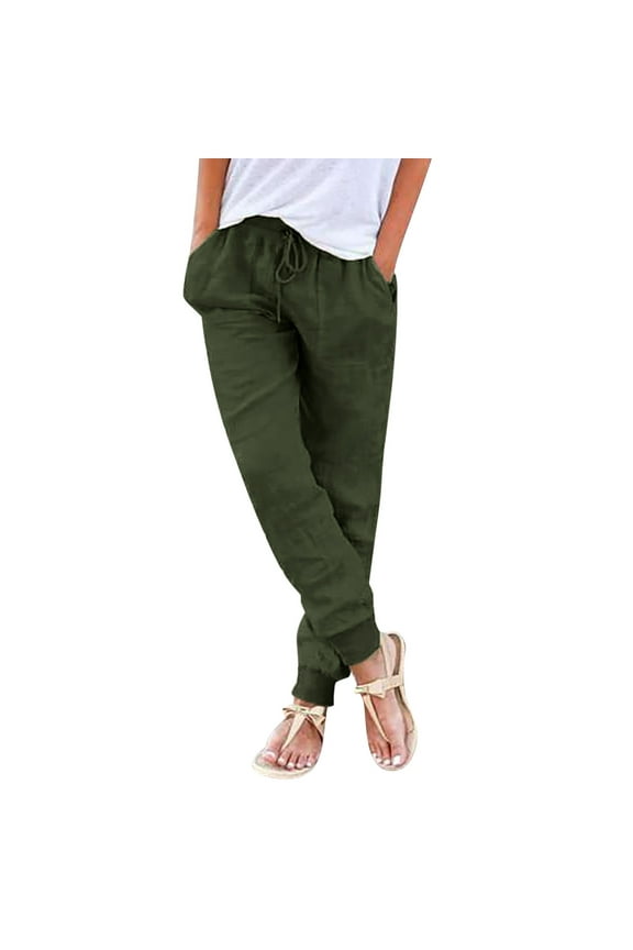 Casual Pants for Women Straight High Waisted Drawstring Yoga Slacks Joggers Loose with Pockets Ribbed Classic Fit Trousers Army Green M
