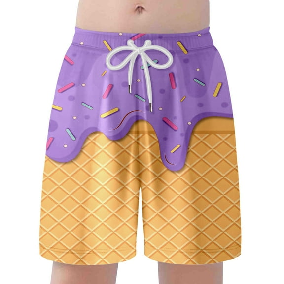 MNCEKFOD Children Boys Kids Shorts Ice Cream Printed Elastic Drawstring Waist Shorts Breathable Beachwear Leisure Short Pants Light Purple 6-7 Years