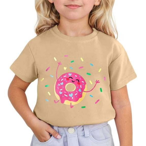 MNCEKFOD Children's Tshirts for Kids Girls Cute Printed Short Sleeve Tops Round Neck Stretchy Daily Wear Leisure Girl Blouses Children Clothes Khaki 12-13 Years