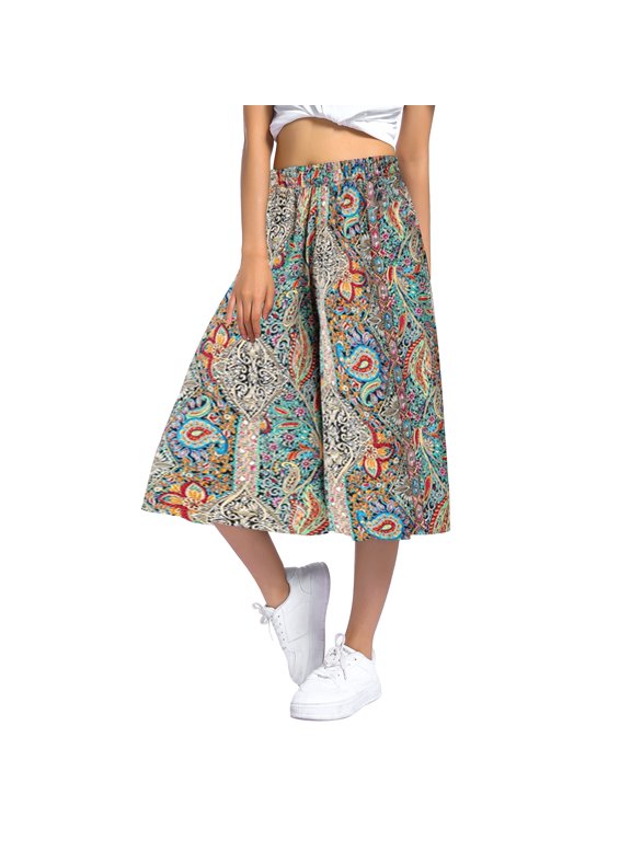 Culottes for Women Plus 2025 New Trendy Printed Elastic Waist Thin Culottes Wide Leg High Waisted Loose Fit Regular Size Lounge Trousers Khaki XXXXL