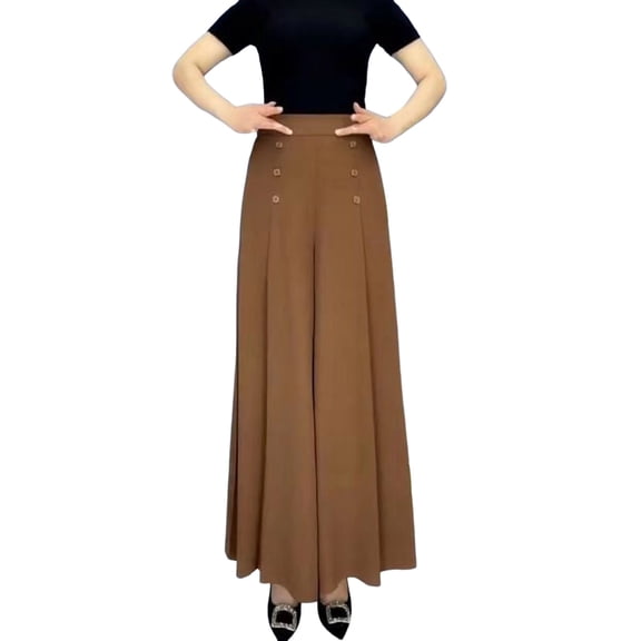 MNCEKFOD Culottes for Women 2025 New Flowy Wide Leg Culotte Button Decoration Elastic Waist Loose Fit Regular Size Lounge Trousers Brown XL