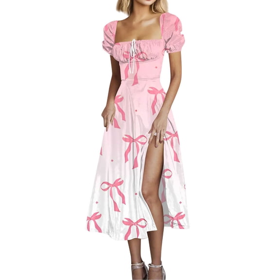 MNCEKFOD Dresses for Women Summer Casual Stylish Square Collar Flowy A Line Side Slit Elegant Floral Print High Waisted Classic Fit Dress Light Pink L