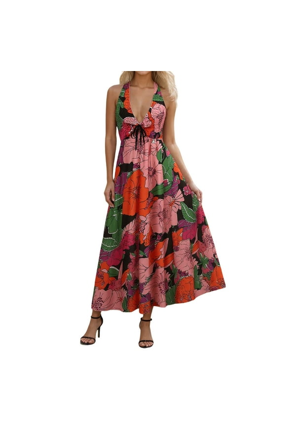 Dresses for Women 2025 Floral Print Backless Elegant Maxi Dress A Line Vacation Night Out Cruise Comfy Dress Purple M