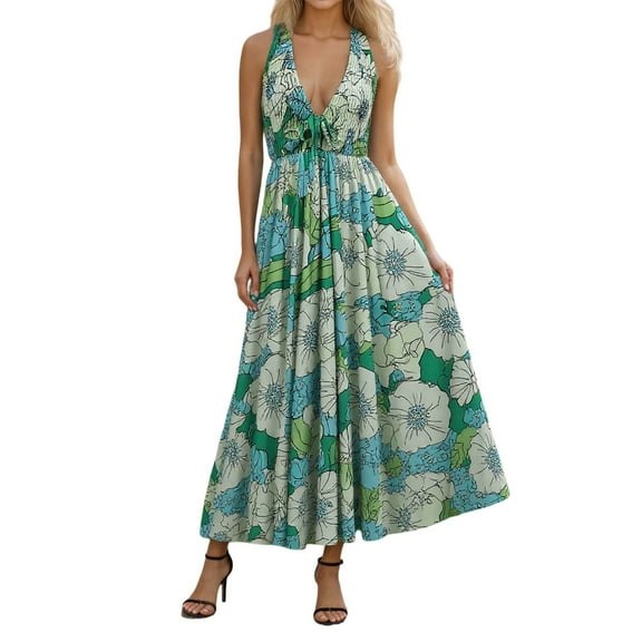 MNCEKFOD Dresses for Women 2025 Floral Print Backless Elegant Maxi Dress A Line for Vacation Night Out Cruise Relaxed Fit Dress Green L