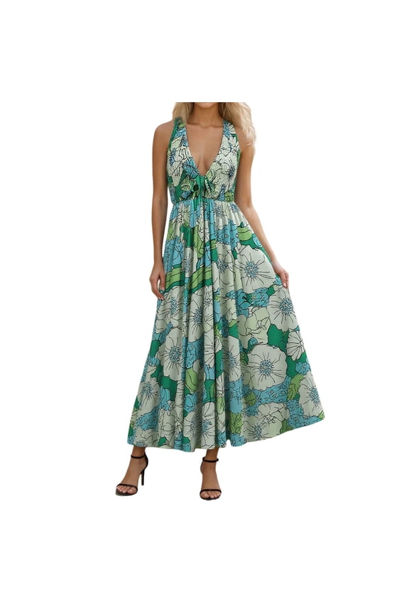 Dresses for Women 2025 Floral Print Backless Elegant Maxi Dress A Line for Vacation Night Out Cruise Relaxed Fit Dress Green L