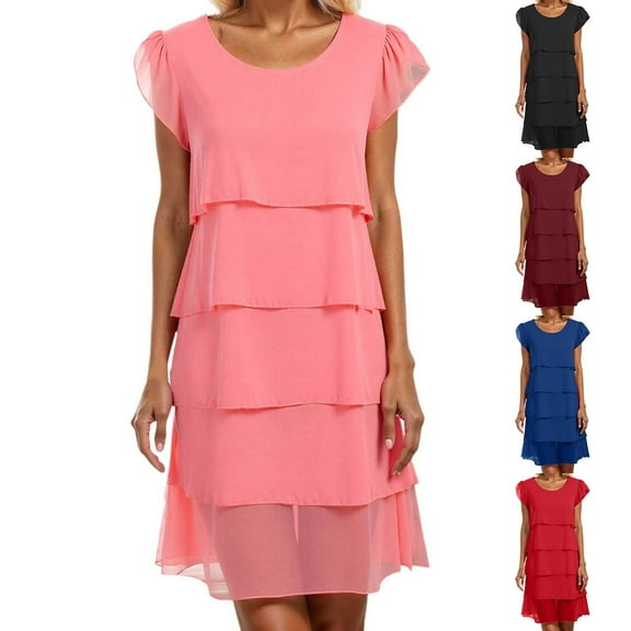 MNCEKFOD Dresses for Women Summer Casual Chiffon Round Neck Elegant Dresses Short Sleeve Ruffles Lightweight Comfy and Soft Dress L