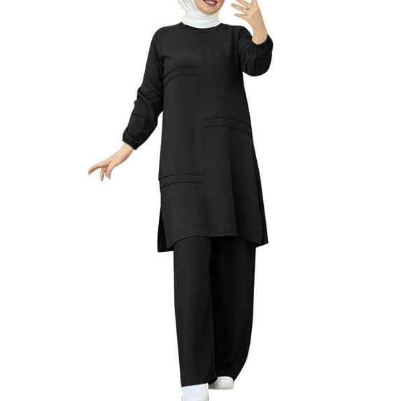 MNCEKFOD Dresses for Women Summer Casual 2 Pieces Sets Long Sleeve Button Down Shirt and Pants Abaya Dress Comfy Dress Black L