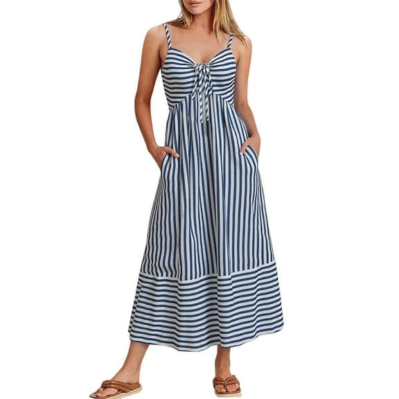 MNCEKFOD Dresses for Women Summer Casual V Neck Sleeveless Backless Party Wedding Vacation Flowy A Line Comfy Dress Blue L