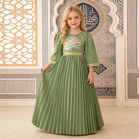 MNCEKFOD Flower Girl Dress Middle Eastern Long Sleeve Pleated Maxi Gown Traditional Style For Festival Stage Performance Party Outfit Ball Gown Prom Dresses Green