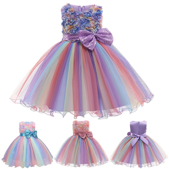 MNCEKFOD Flower Girl Dresses For Wedding Rainbow Mesh Tutu Gown Colorful Floral Bow Decor For Holiday Stage Celebration Party Ball Gowns Blue