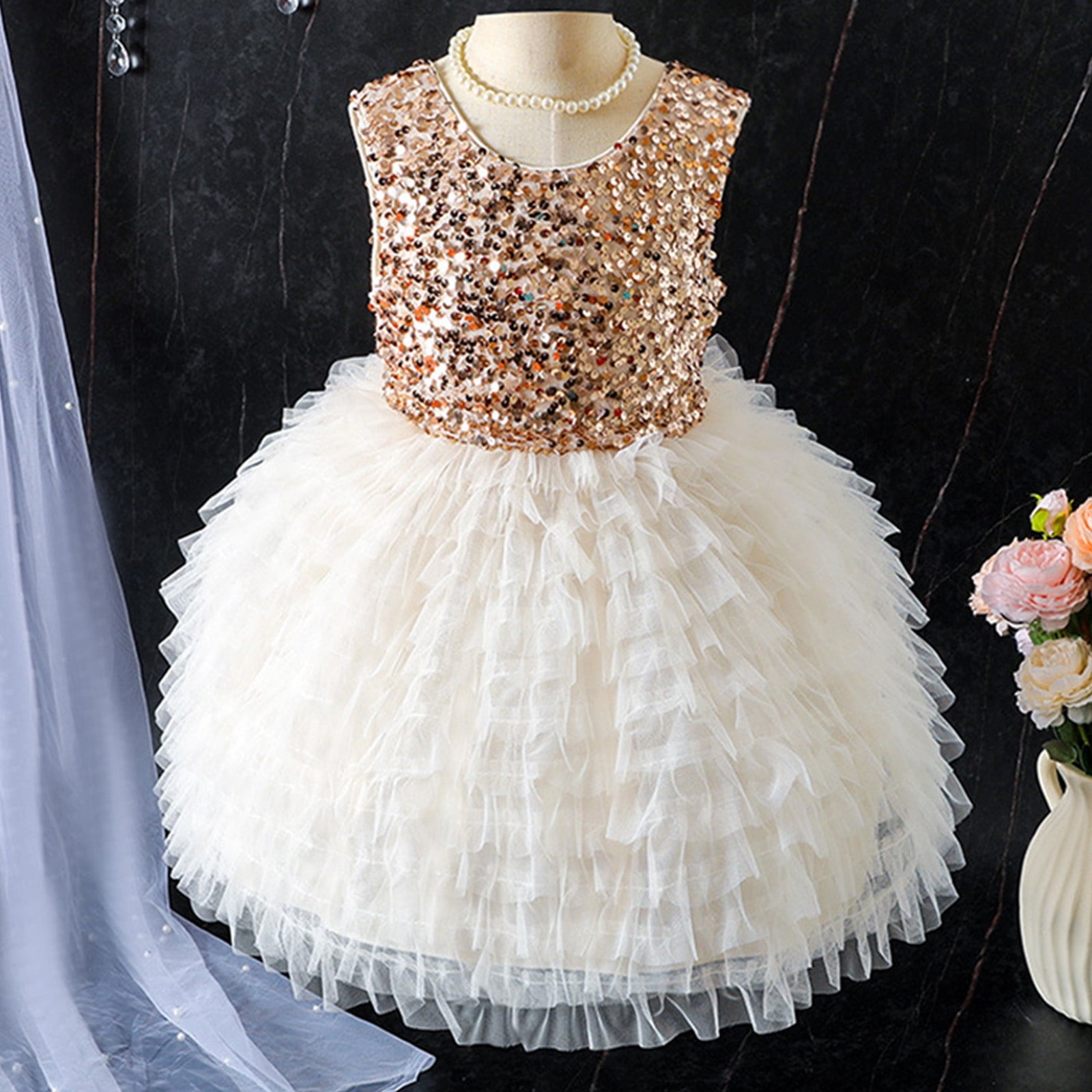gold flower girl dresses for wedding Mncekfod Baby Cake Mesh Bow Princess Gown Cute Tiered Design For Toddler Daily Birthday Festival Party Ball Gowns 26.04COLL