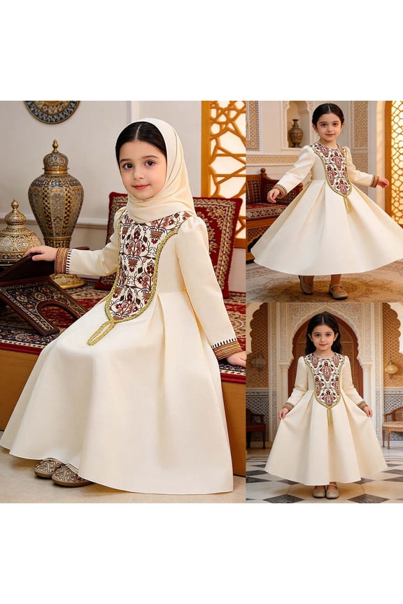 Flower Girl Dresses For Wedding Long Sleeve Arabian Embroidered Gown Exquisite Pattern Robe Style Princess Party Dress Ball Gowns Beige