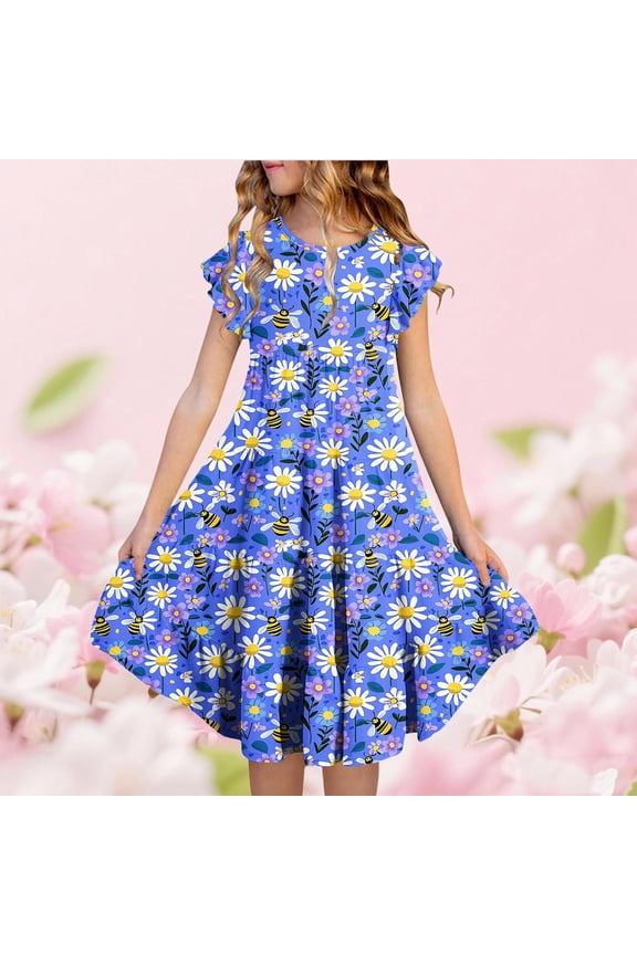 Girls Dress Casual Flutter Sleeve Floral Pattern Tiered Cake Dress Easy To Match Style Fresh Element Fit For Kids Daily Leisure Girl Flowy Dress Blue