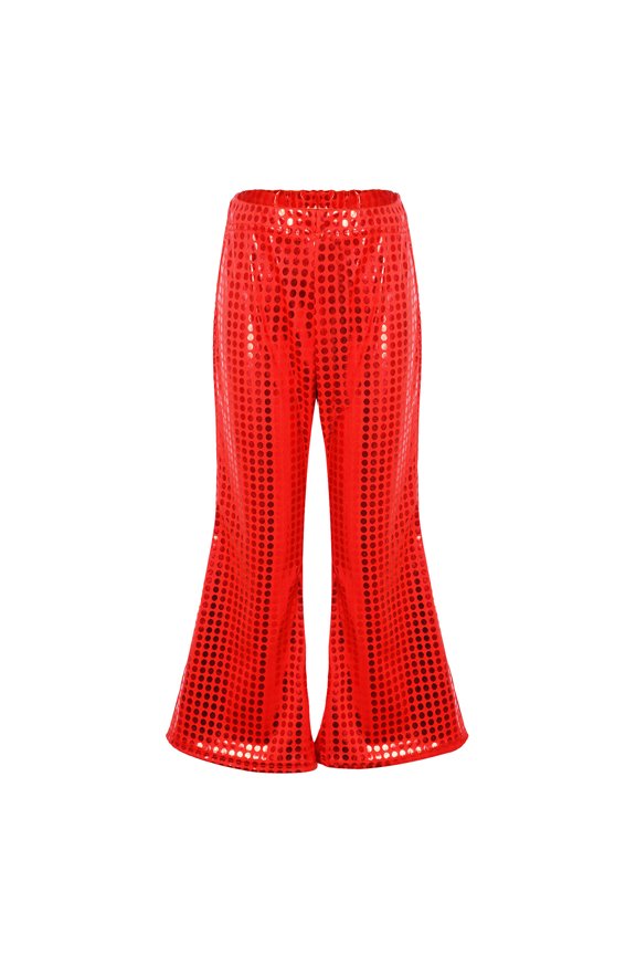 Girls Pants Glitter Sequin Fish Scale Flared Trousers Elastic Waist Party Wear Relaxed Fit Chilid Pants Red 4-5 T
