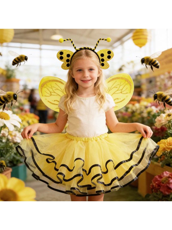 Girls Summer Dress Cute Bee Pattern Tutu Dress With Decorative Wings Sweet Theme Design Lightweight Material For Kids Festival Performance Girl Flowy Dress Yellow