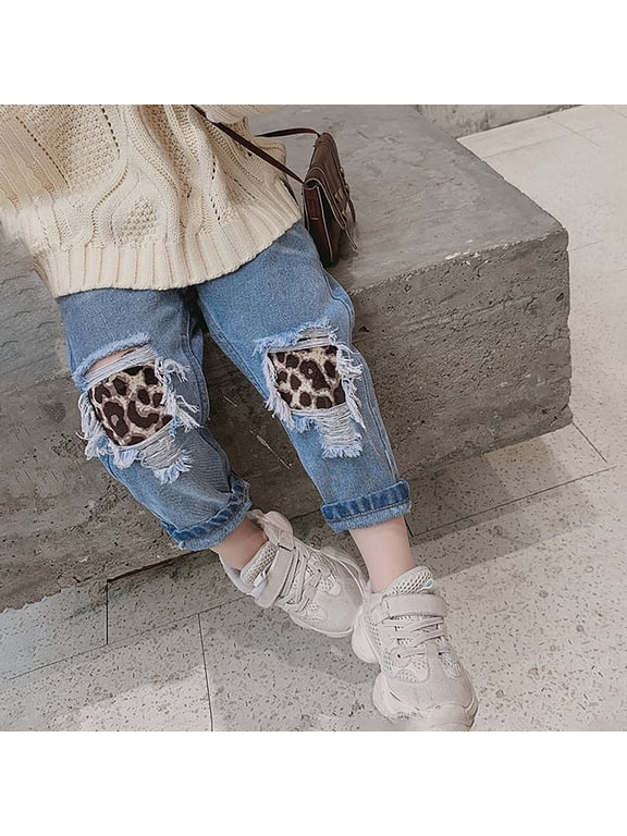 Girls Summer Dress Leopard Printed Ripped Design Casual Long Trousers Trendy Retro Element Comfortable Version For Kids Autumn Daily Matching Girl Flowy Dress Blue