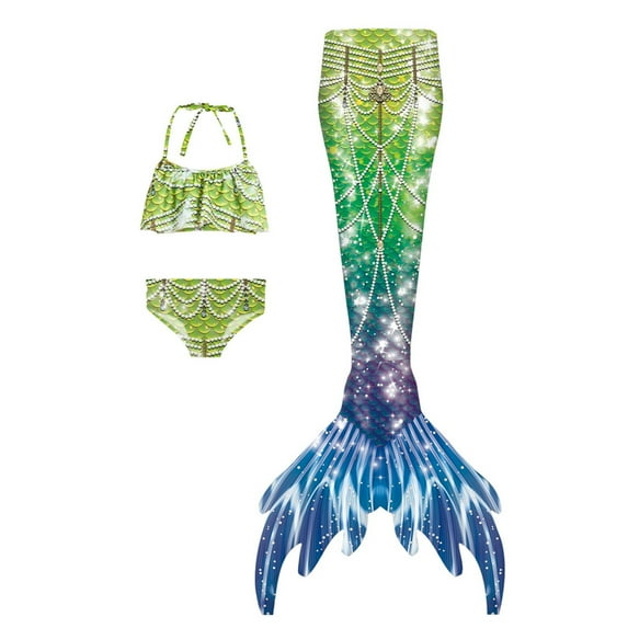 MNCEKFOD Girls Swimsuit New 3 Pcs Straps Princess Bathing Suits Fish Scale with Tie Dye Fish Tail Summer Vacation 2025 Swimwear C 5-6 Years