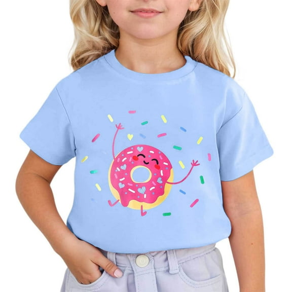 MNCEKFOD Girls Tshirts Kids Tops Summer Casual Cute Printed Short Sleeve Tops Round Neck Stretchy Daily Wear Leisure Girl Blouses Children Clothes Sky Blue 8-9 Years