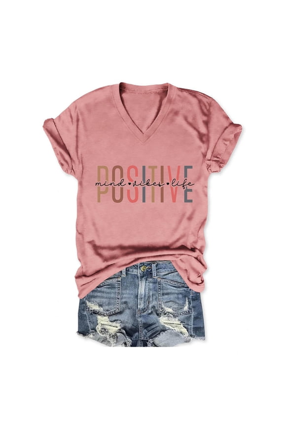 Graphic Tees For Women Trendy Positive Vibes V Neck Short Sleeve Printed Elegant Daily Summer Tops Rose Gold L