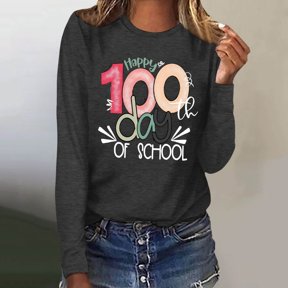MNCEKFOD Graphic Tees For Women Trendy Long Sleeve Round Neck School Theme Printed Casual Celebration Soft Warm Ladies Daily Outdoor Summer Tops Grey L