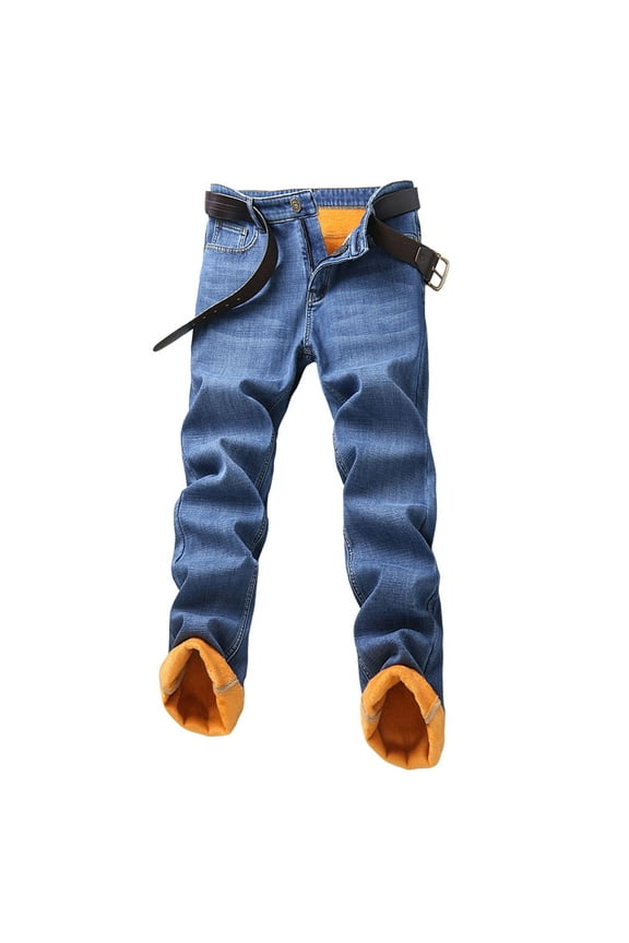 Jeans for Men Business Work Straight Jeans Slim Fit Casual Velvet Thickened Warm Leisure Trousers Blue 34