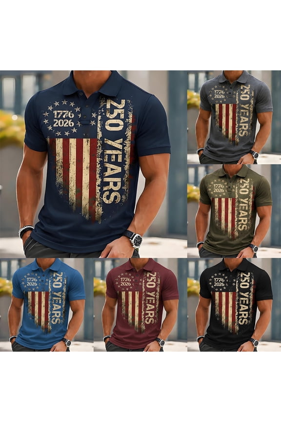 Men Celebration Polos 250th Anniversary Pattern Short Sleeve Collared Tops Loose Cutting Breathable For Outdoor Party Wear Printed Polos