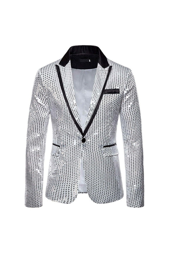 Men Dress Jacket Casual Charm Slim Fit Sequin Party Coat with One Button Stage Performance Coats Silver XL