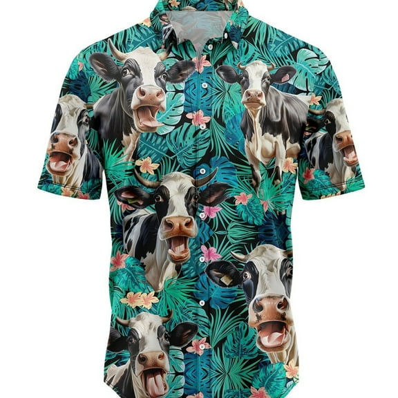 MNCEKFOD Men Shirts 2025 Summer Casual Button Down Shirts Short Sleeve Floral Printed Loose Fit Leisure Mens Tops Blue M