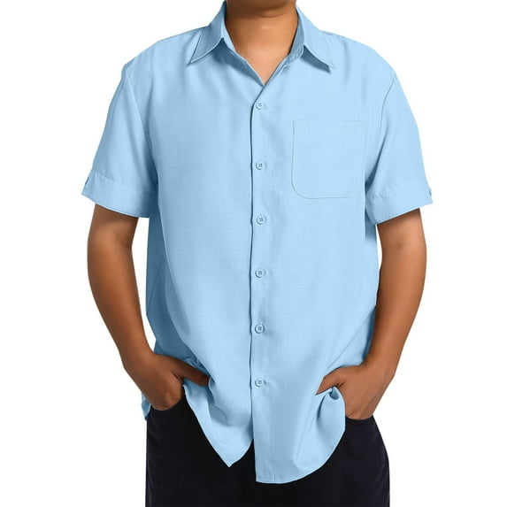 MNCEKFOD Men Shirts 2025 Summer Trendy Casual Beach Vacation Classic Short Sleeved Button Closure Classic Fit Mens Tee Shirt Light Blue L