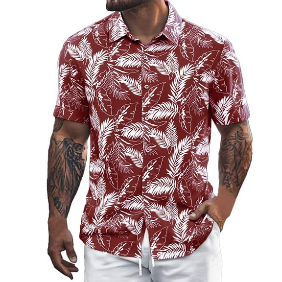 MNCEKFOD Men Shirts 2025 Trendy Beach Vacation Floral Shirts Loose Fit Collar Button Open Short Sleeve Relaxed Fit Mens Tops Red XXXXL
